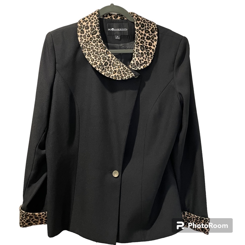 Sag Harbor Suit Jacket Black with Animal Print Collar and Cuffs Two Button Front
